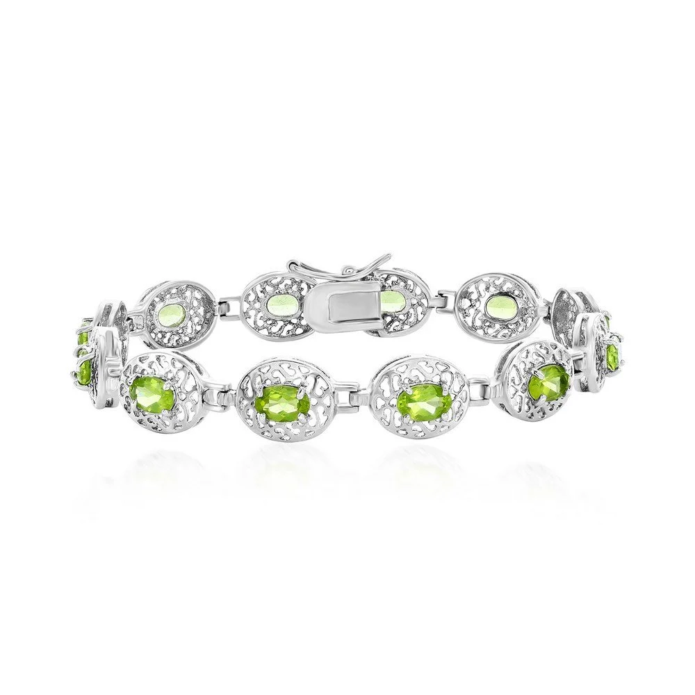 Sterling Silver Designed Oval Gem Bracelet - Peridot