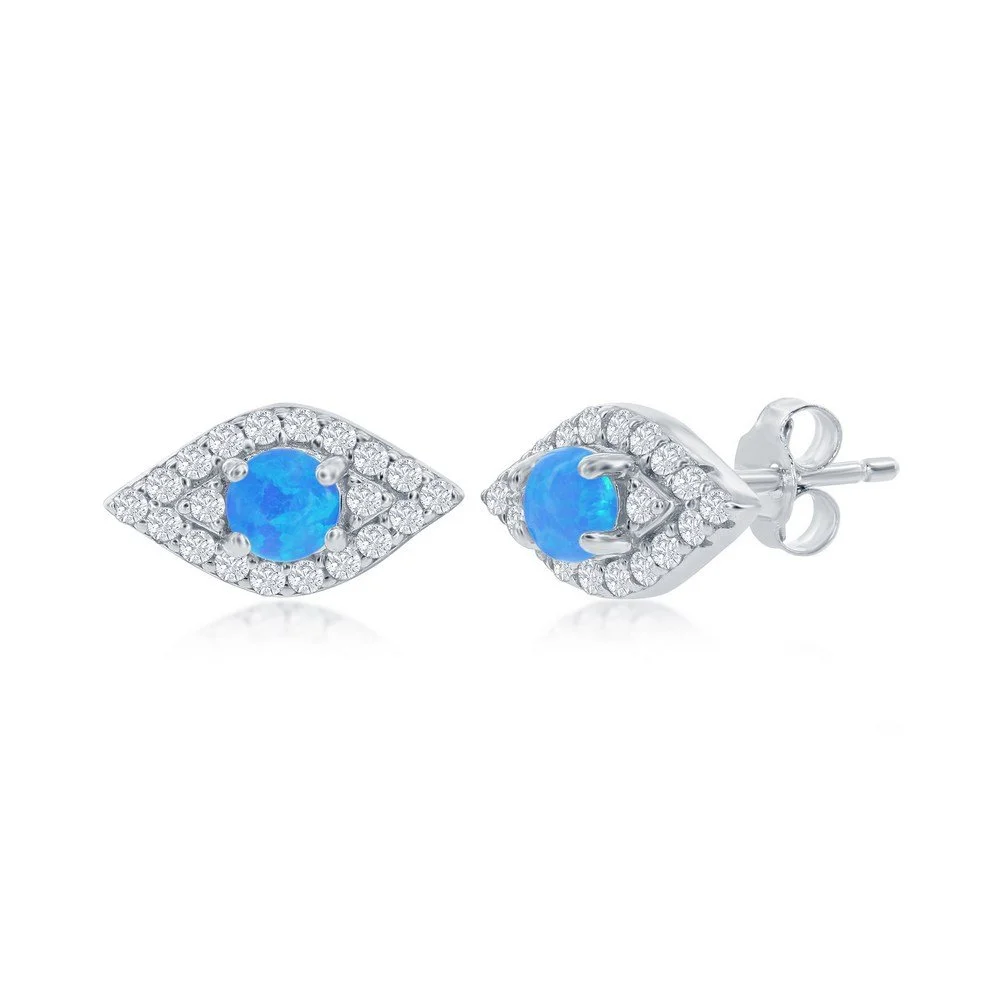 Sterling Silver, Blue Opal & CZ Evil Eye Stud Earrings
