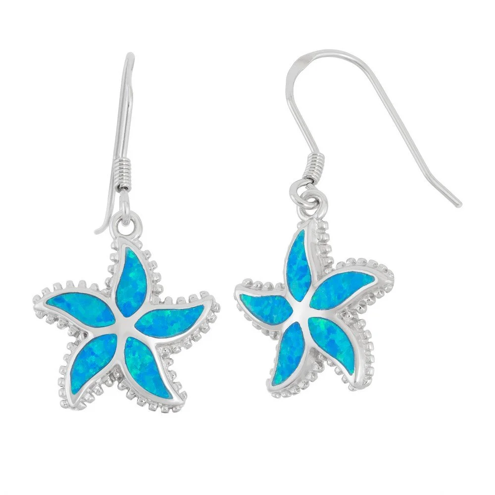 Sterling Silver, Blue Inlay Opal Starfish Earrings