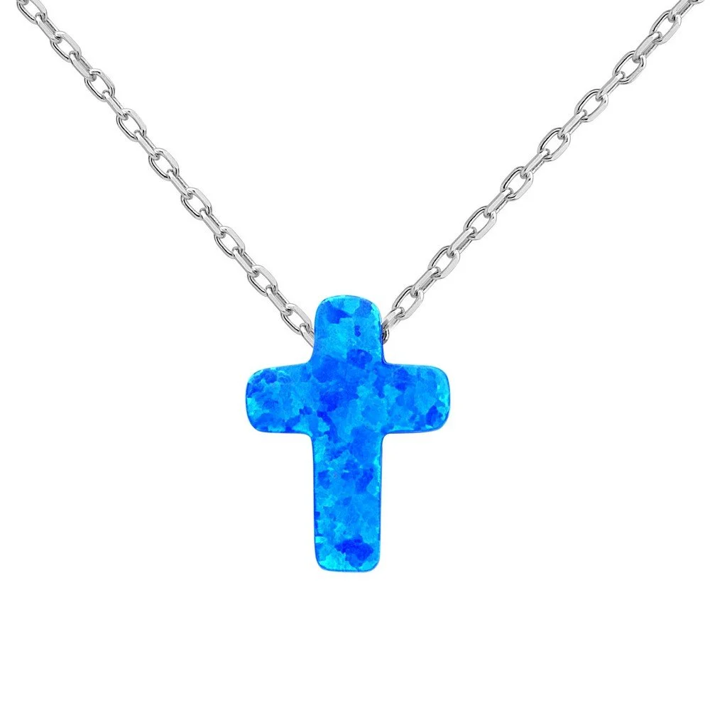 Sterling Silver, Small Blue Opal Cross Necklace