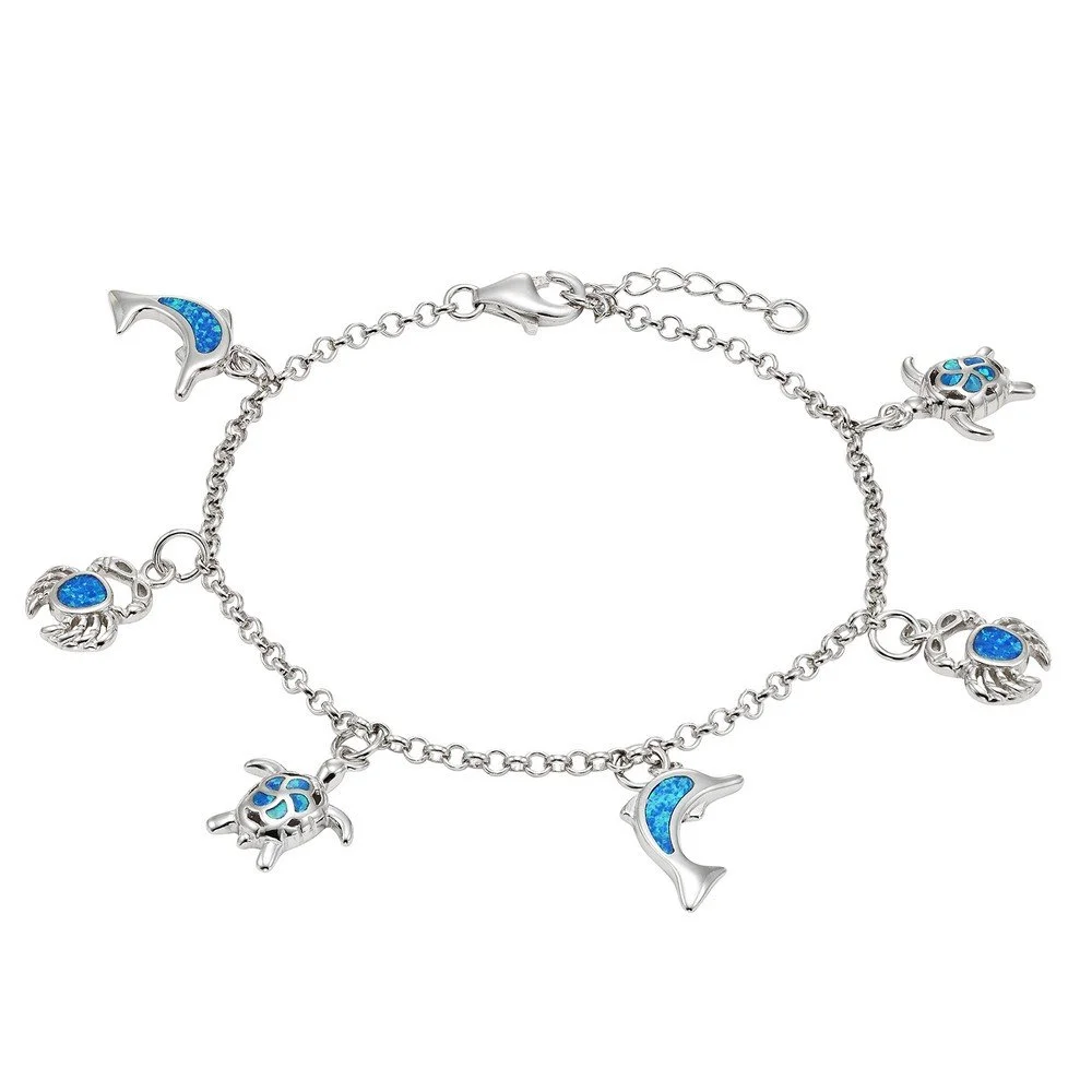Sterling Silver, Hanging Sea-Life Charms Bracelet - Blue Opal