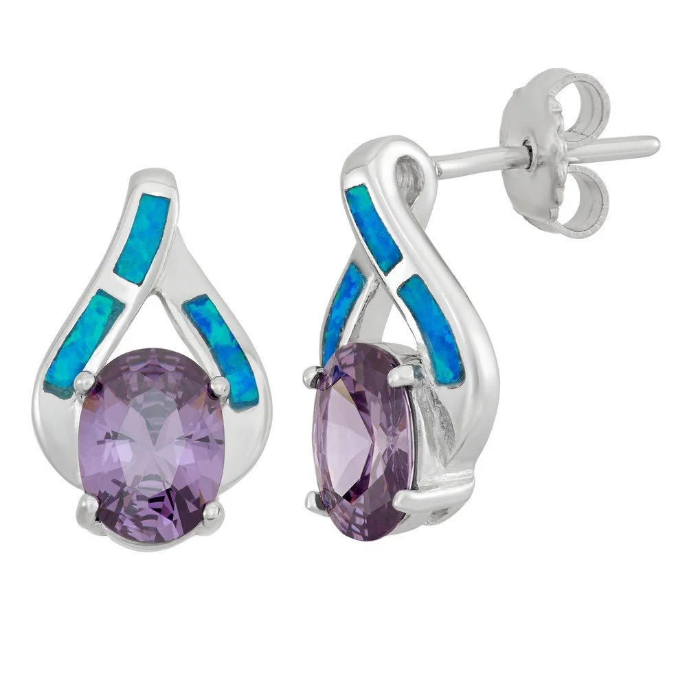 Sterling Silver, Blue Inlay Opal w/ Large Amethyst Oval CZ Earrings