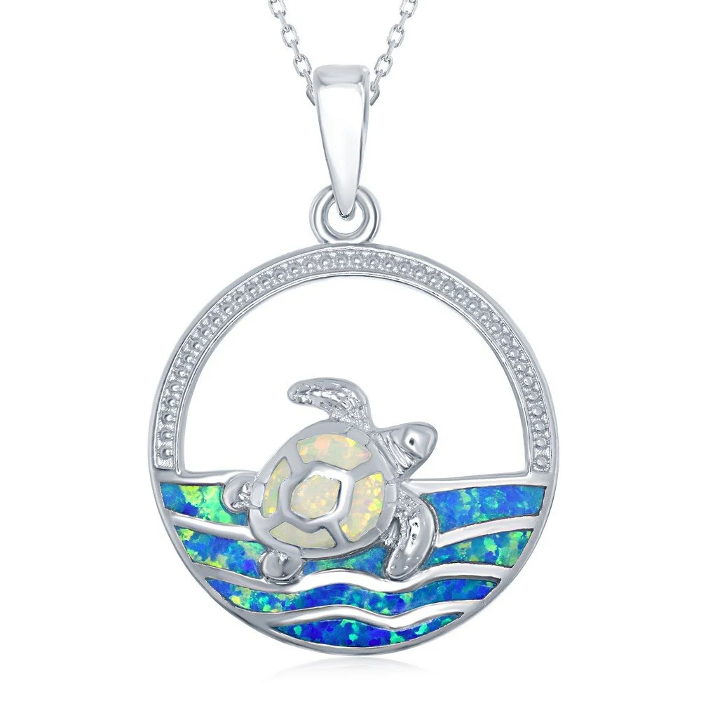 Sterling Silver White Inlay Opal Turtle in Blue Inlay Opal Sea Pendant