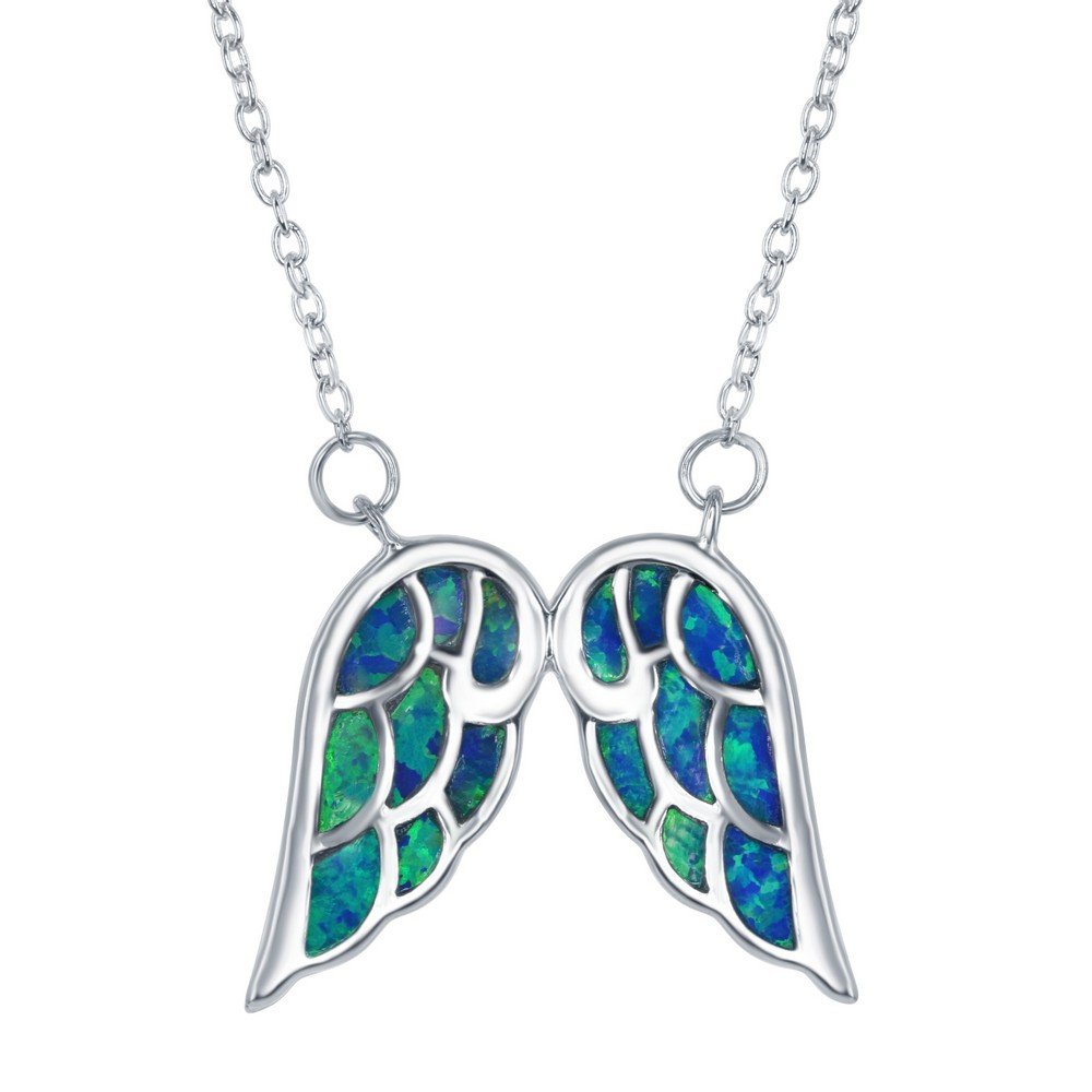 Sterling Silver Opal Angel Wings Necklace - Blue Opal