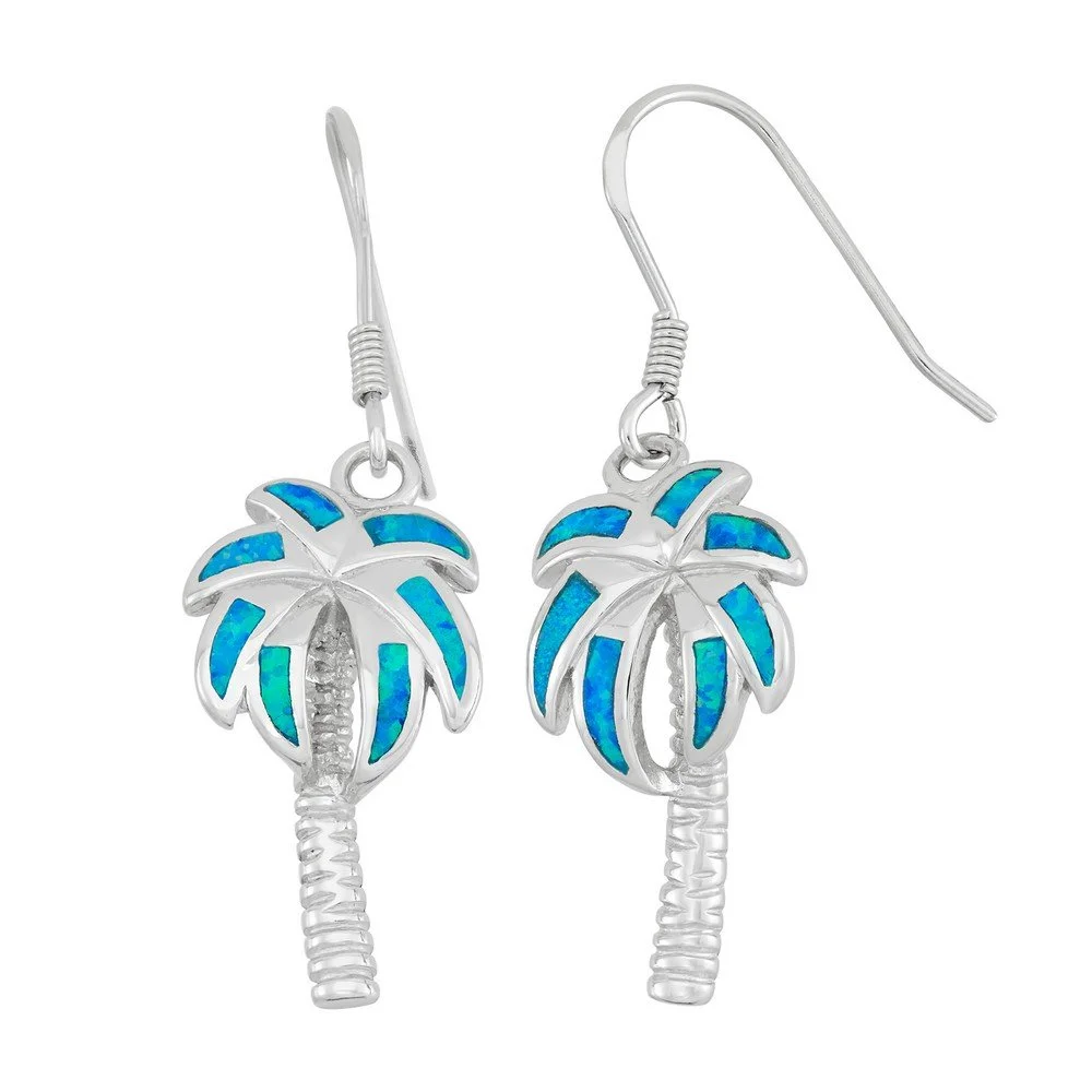 Sterling Silver, Blue Inlay Opal Palm Tree Dangling Earrings
