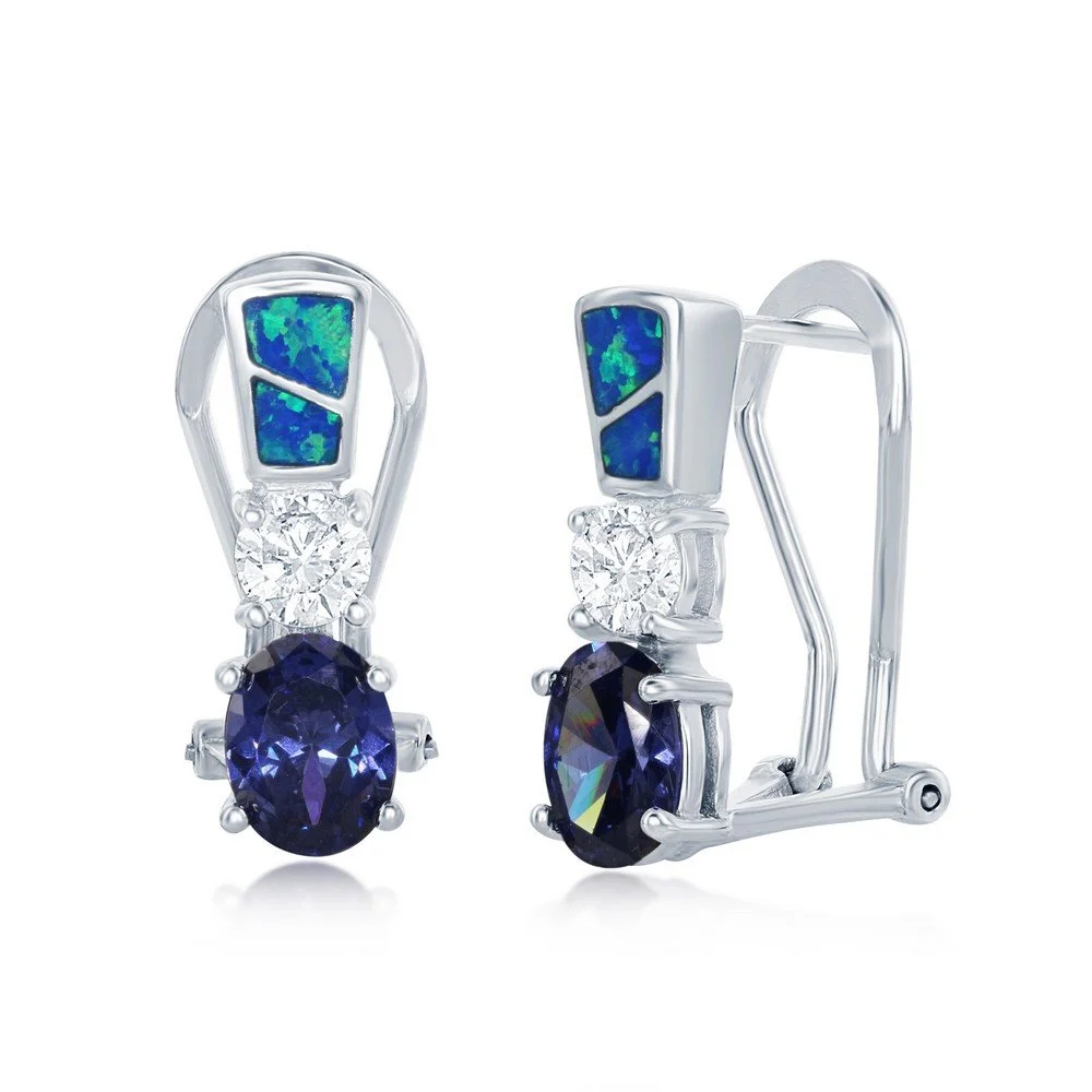 Sterling Silver, Blue Inlay Opal, Round Clear CZ and Oval Tanzanite Earrings