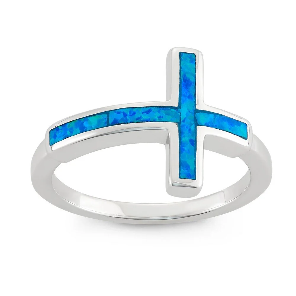 Sterling Silver, Blue Inlay Opal Cross Ring
