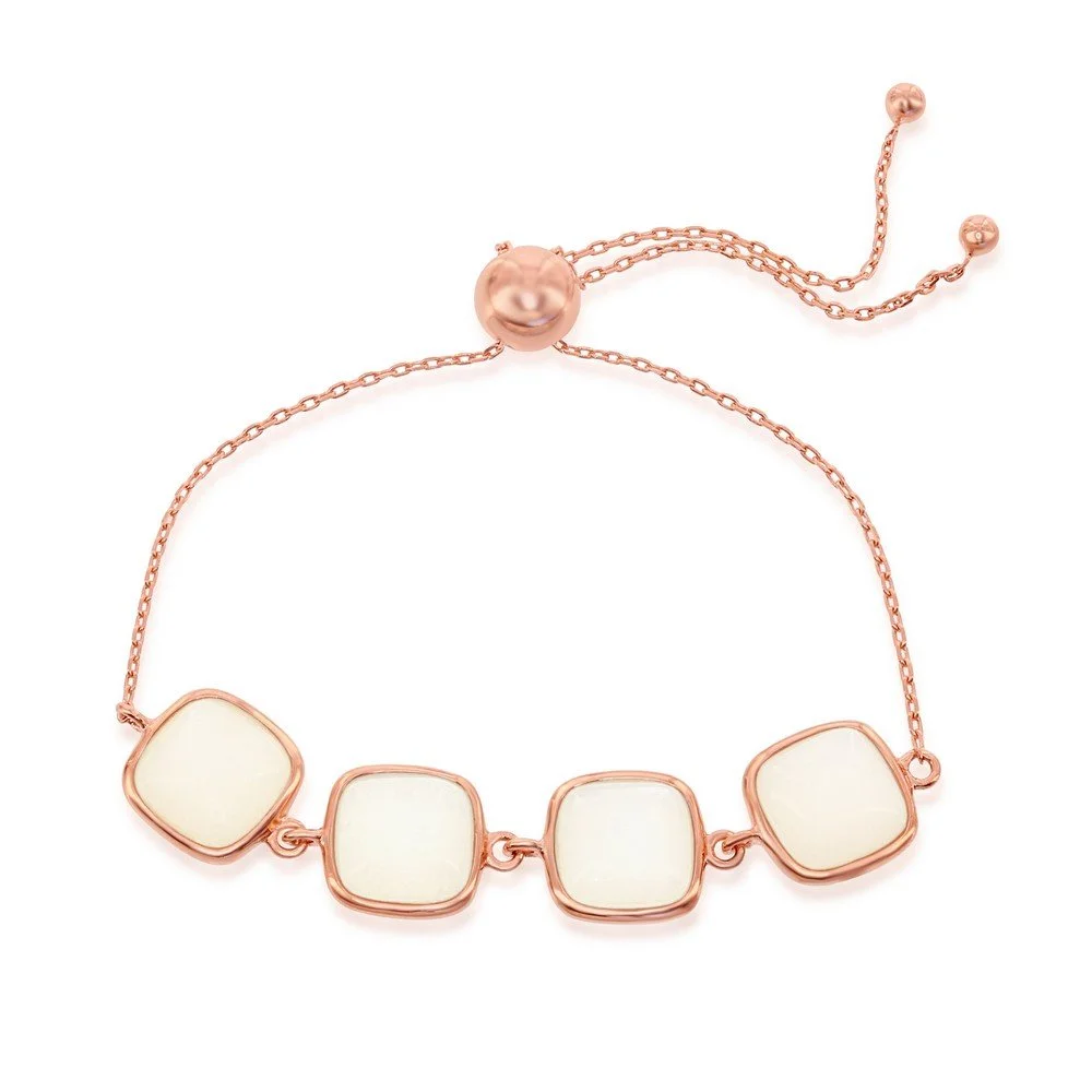 Sterling Silver Natural White Moon Stone Adjustable Bolo Bracelet - Rose Gold Plated