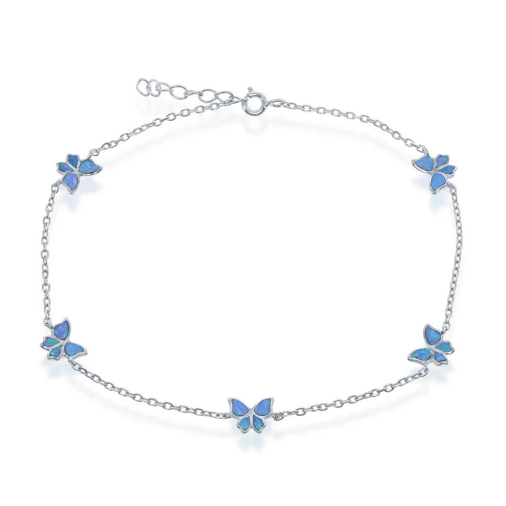 Sterling Silver, Butterfly Anklet - Blue Opal