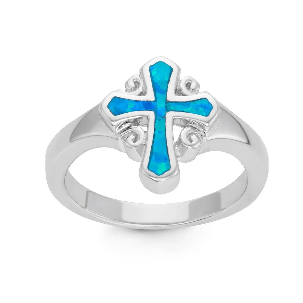 Sterling Silver, Fancy Blue Inlay Opal Cross Ring