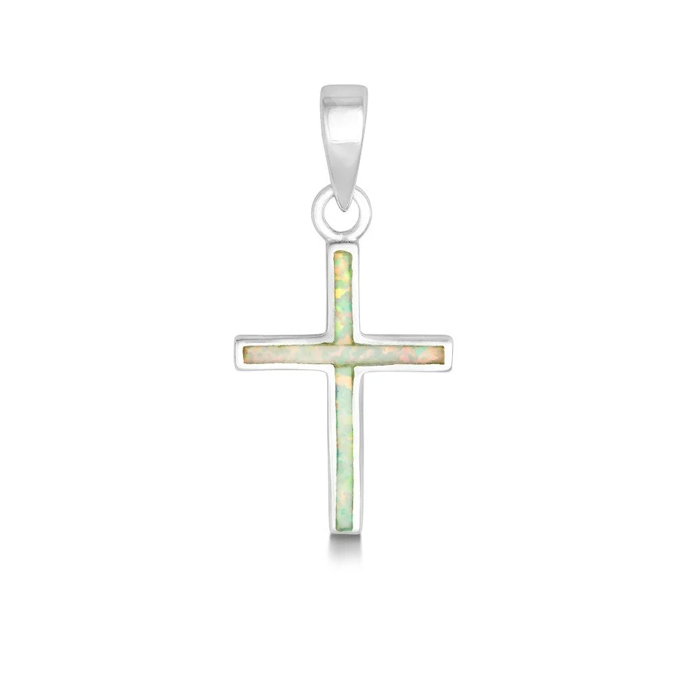 Sterling Silver, White Inlay Opal Thin Cross Pendant