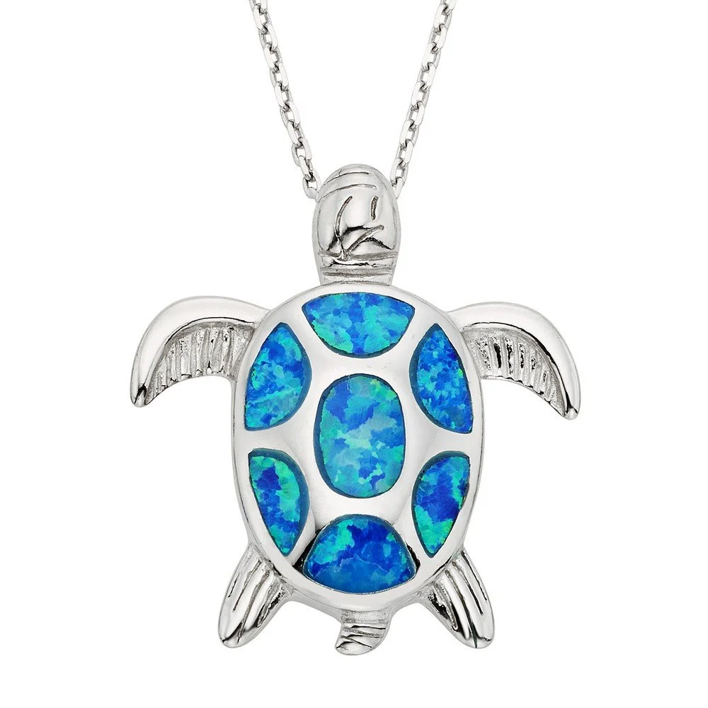 Sterling Silver, Blue Inlay Opal Turtle Pendant