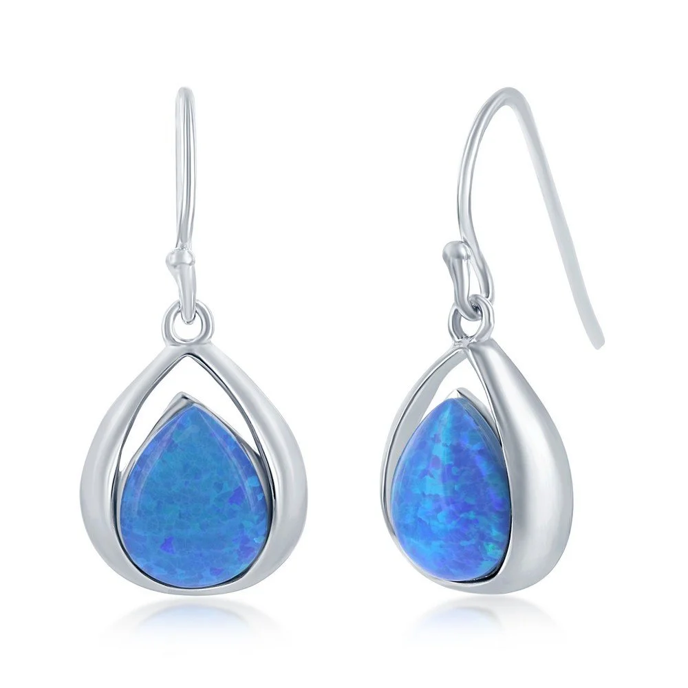 Sterling Silver, Pear-Shaped Blue Opal Earrings