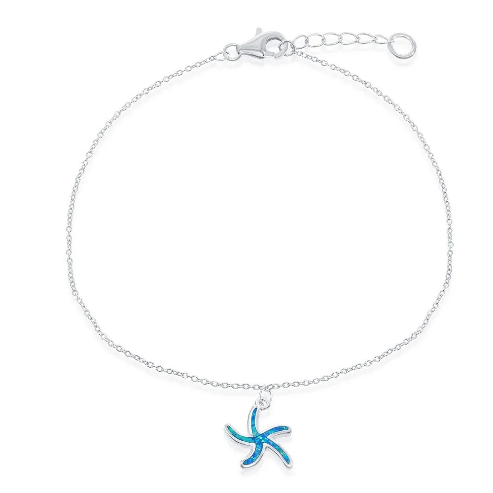 Sterling Silver Blue Inlay Opal Starfish Anklet