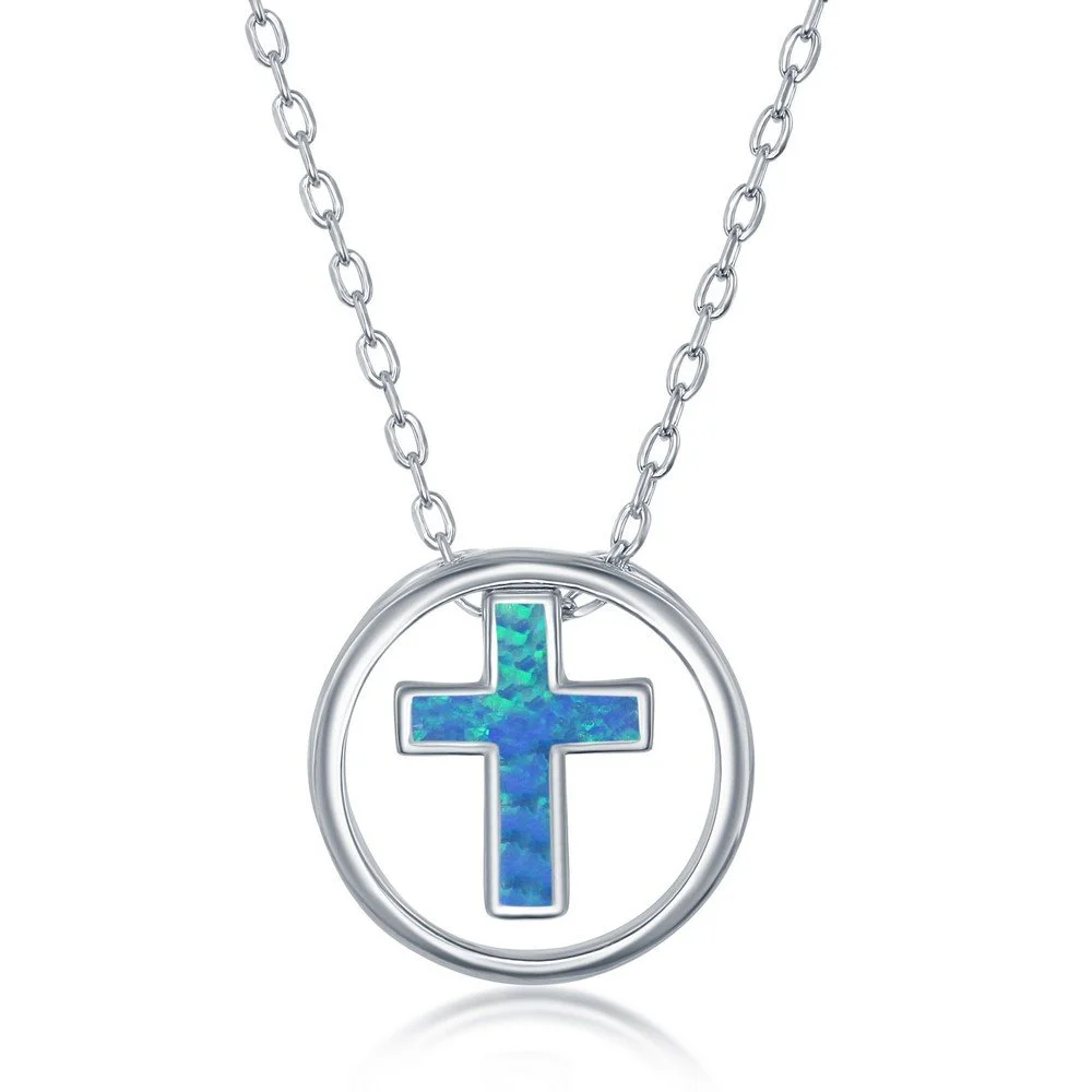 Sterling Silver, Blue Inlay Opal Cross Necklace