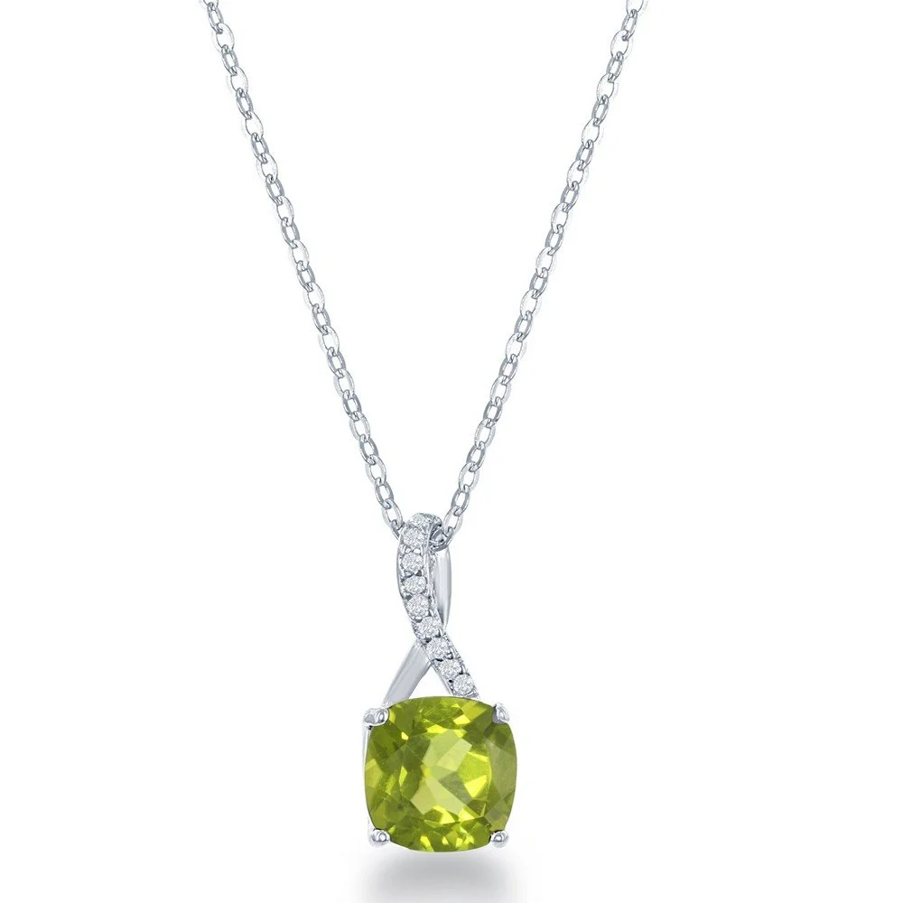 Sterling Silver, White Topaz Pendant, with 8mm Square Gem - Peridot