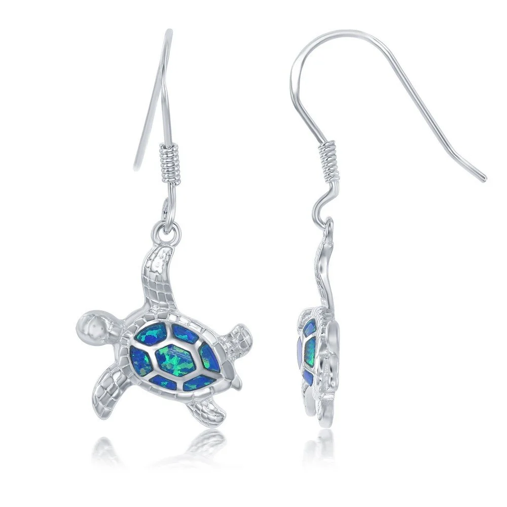 Sterling Silver, Blue Opal Inlay Turtle Earrings
