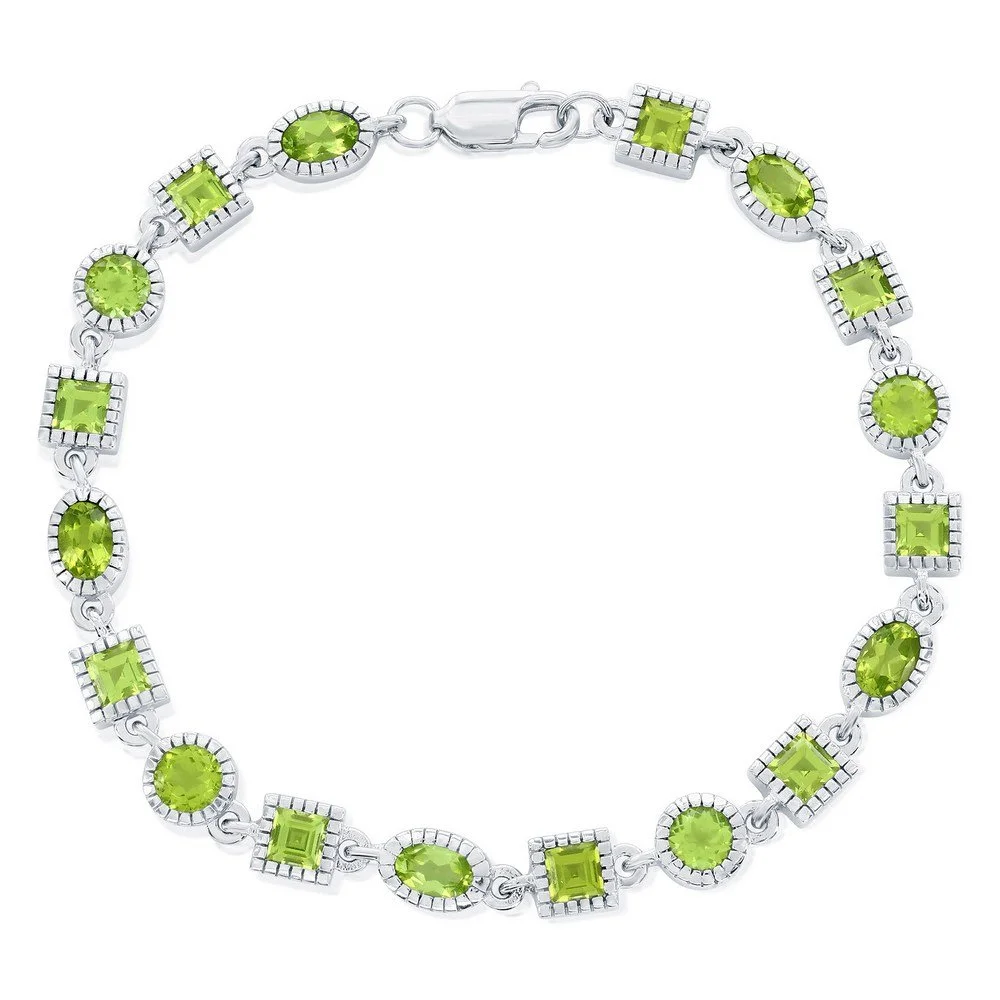 Sterling Silver, Oval & Square Gem Bracelet - Peridot
