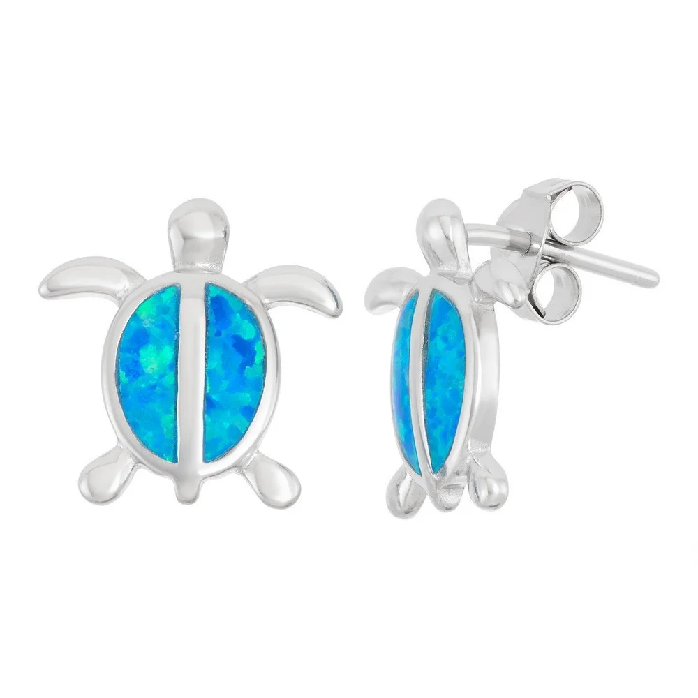 Sterling Silver, Blue Inlay Opal Turtle Earrings