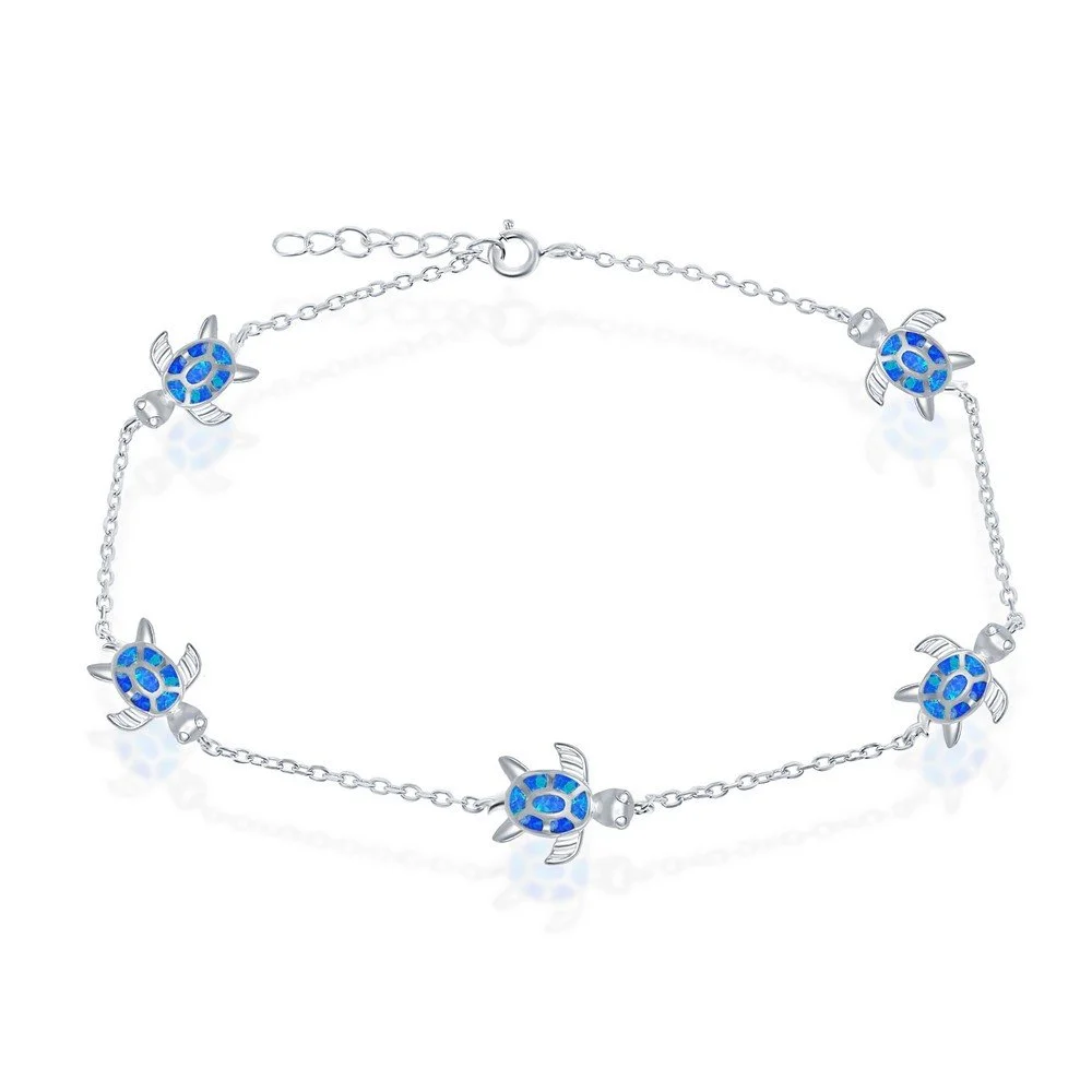 Sterling Silver, Opal Turtle Anklet - Blue Inlay