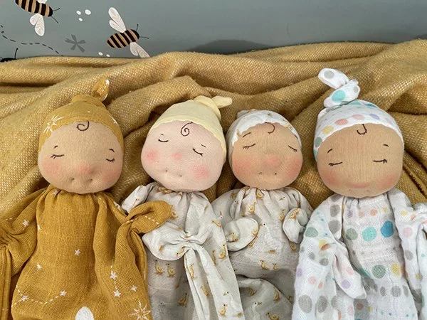 Handmade from my own design, swaddle babies with Waldorf Style heads.