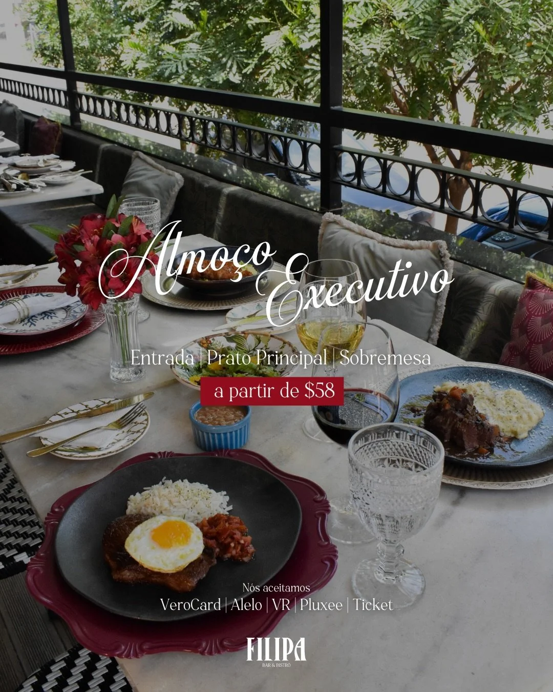 Sua pausa da semana tem nome: Almo&ccedil;o Executivo Filipa✨

Entrada, prato principal e sobremesa a partir de R$58! Uma experi&ecirc;ncia pensada para transformar sua pausa do dia em um momento especial.

Fa&ccedil;a sua reserva e vem experimentar?