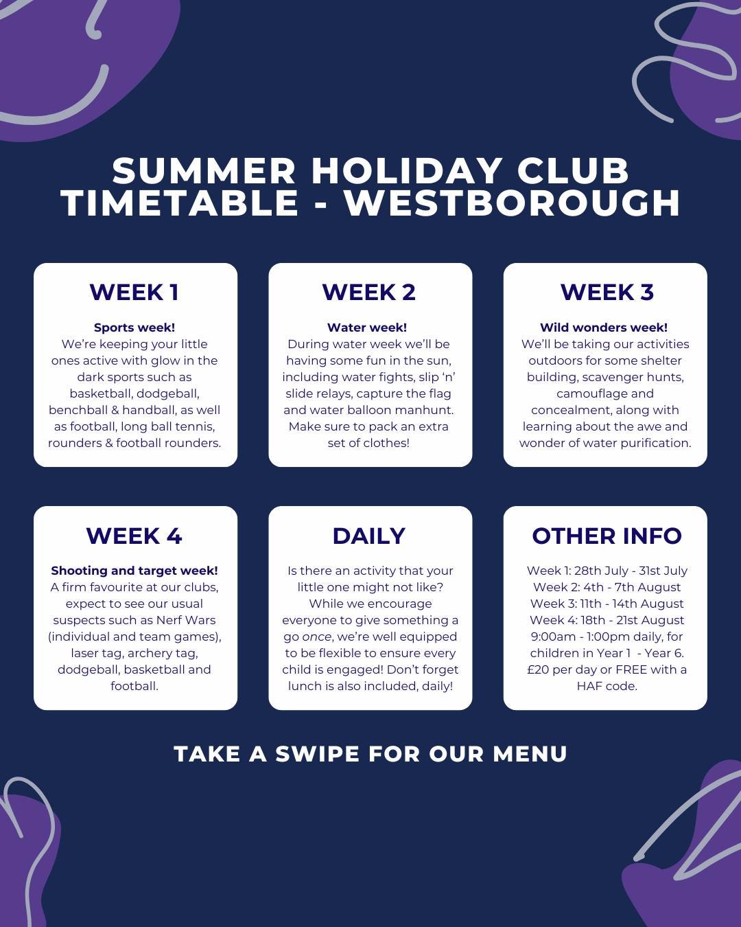 Families of Westcliff-on-Sea: Our summer timetable and menu have landed! ☀️

Active Academy holiday clubs are back at The Westborough School this summer, bringing action-packed days for children aged 5&ndash;16*.

🎉 Just &pound;20 per day, per child