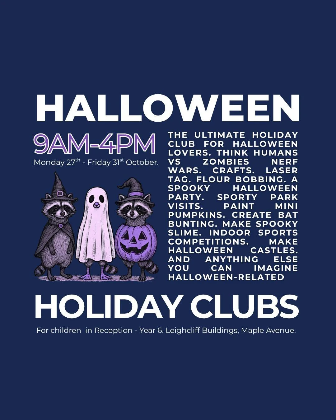 Welcome to the Halloween holiday club timetable created with your little ones, for your little ones. Every interest - covered 👻

Don't believe us? Our full timetable is available to view (and book!) via our website now - head to the link in bio.

__