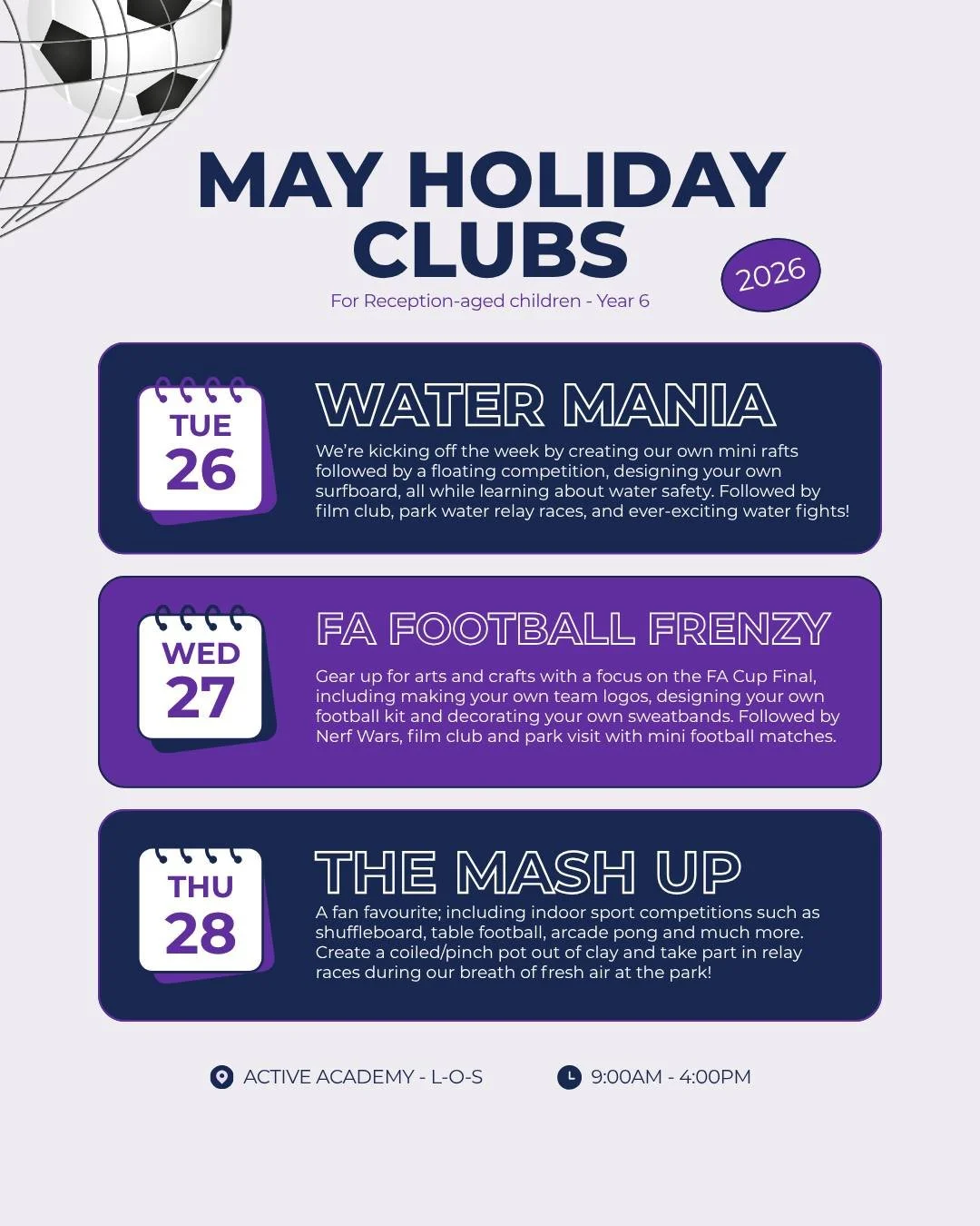 The May half term holiday club your children will be excited to attend ⚽

From water fights to FA football friendlies, all the way to clay pinch pots in arts and crafts, there's an activity on the timetable for every child.

Now open for bookings via