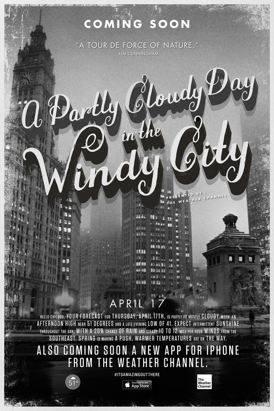 "A Partly Cloudy Day in the Windy City" movie poster concept featuring hand-lettering by Lauren Hom for The Weather Channel.