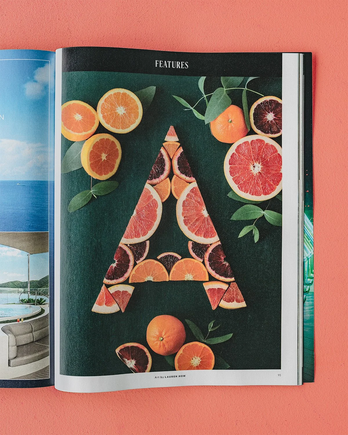 Tearsheet of Lauren Hom's letter "A" made of citrus for Afar Magazine's Winter 2026 issue.