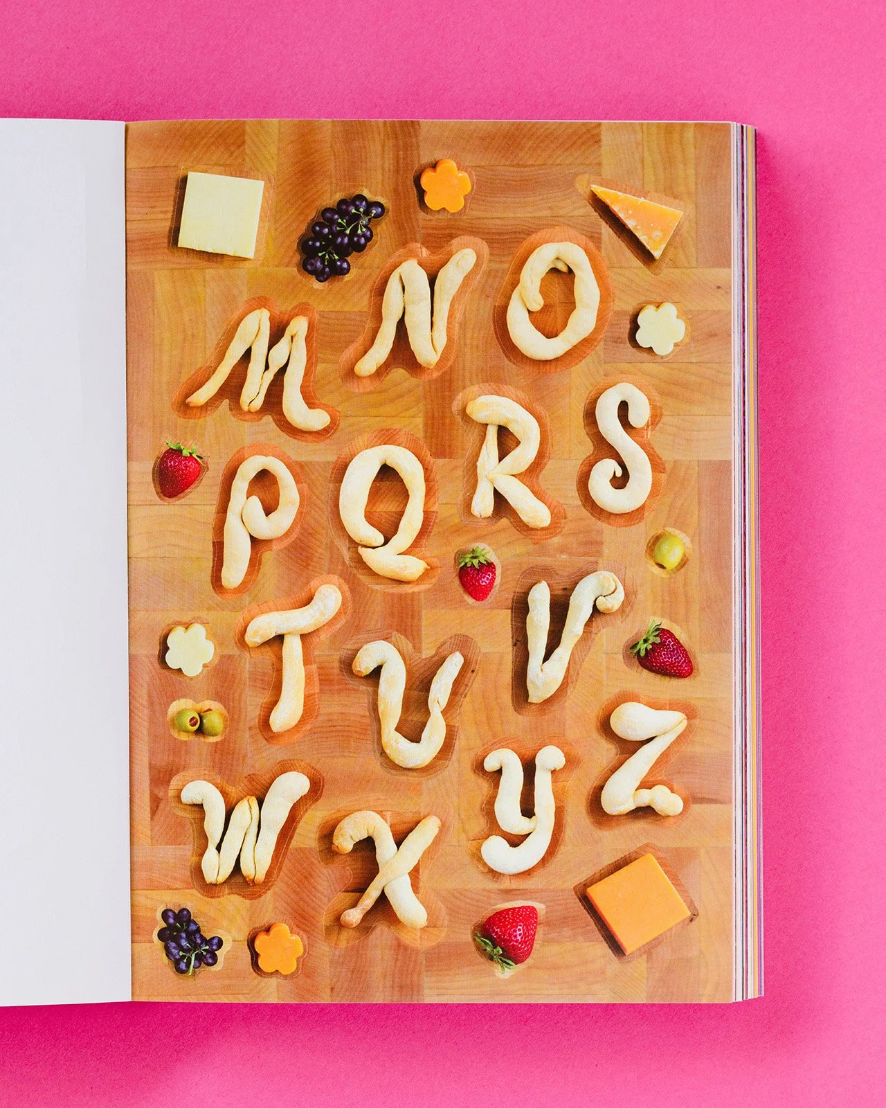 Lauren Hom's crispy bread alphabet stickers made with real foods for the Rosé Mansion Wine Sticker Book.