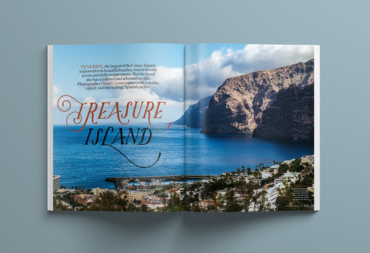 "Treasure Island" hand lettered spread by Lauren Hom for Ritz Carlton Magazine.