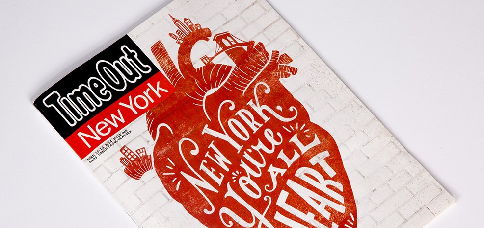 Printed copy of "New York, you're all heart" illustrated cover design by Lauren Hom for TimeOut New York.