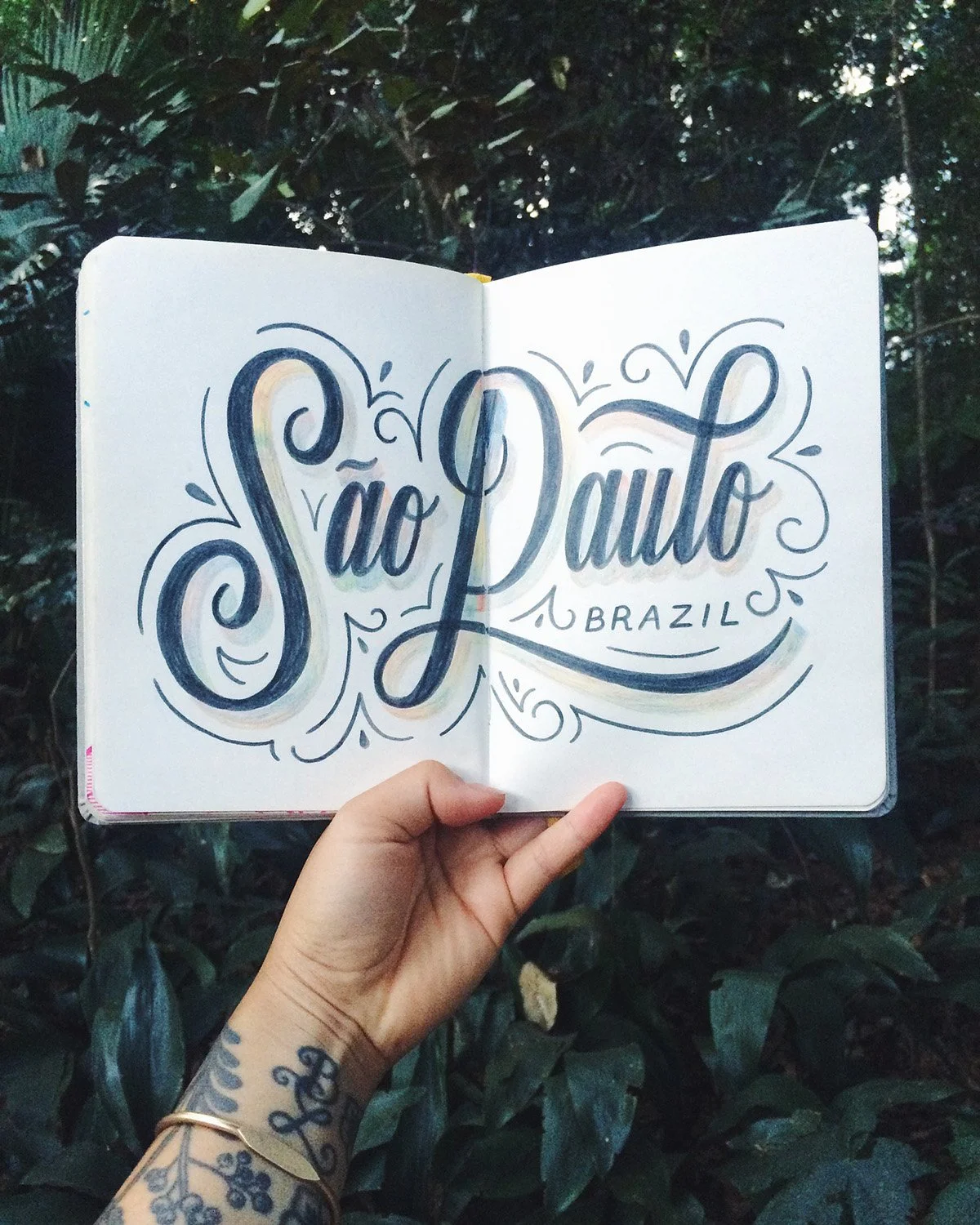 Sketchbook spread reading "Sao Paulo, Brazil" surrounded by flourishes.