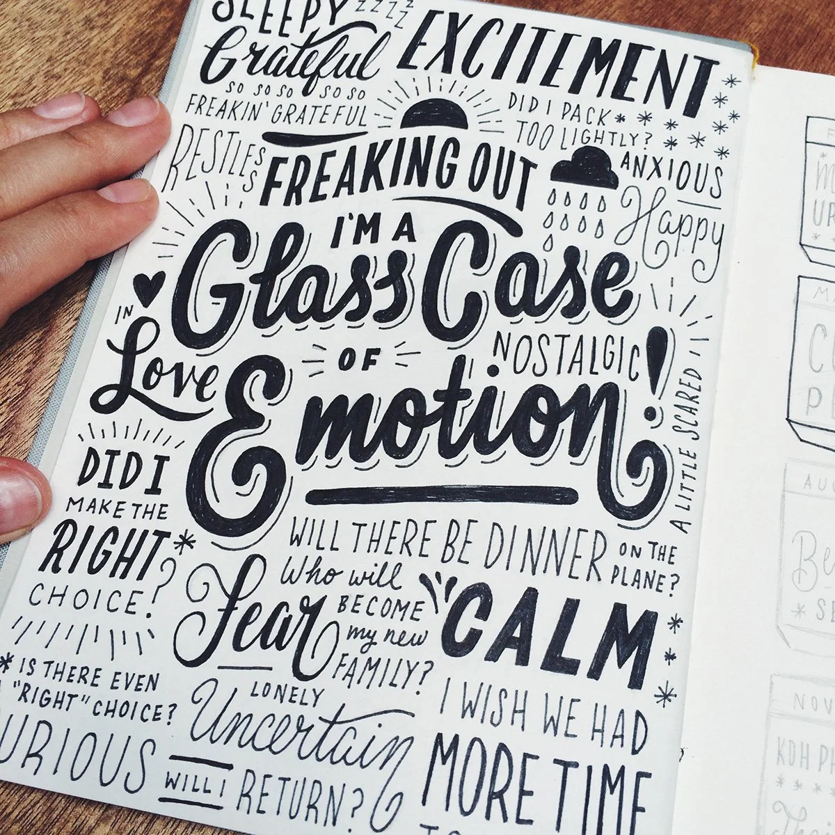Sketchbook page reading "I'm a Glass Case Of Emotion!" surrounded by other hand-lettered thoughts and feelings.