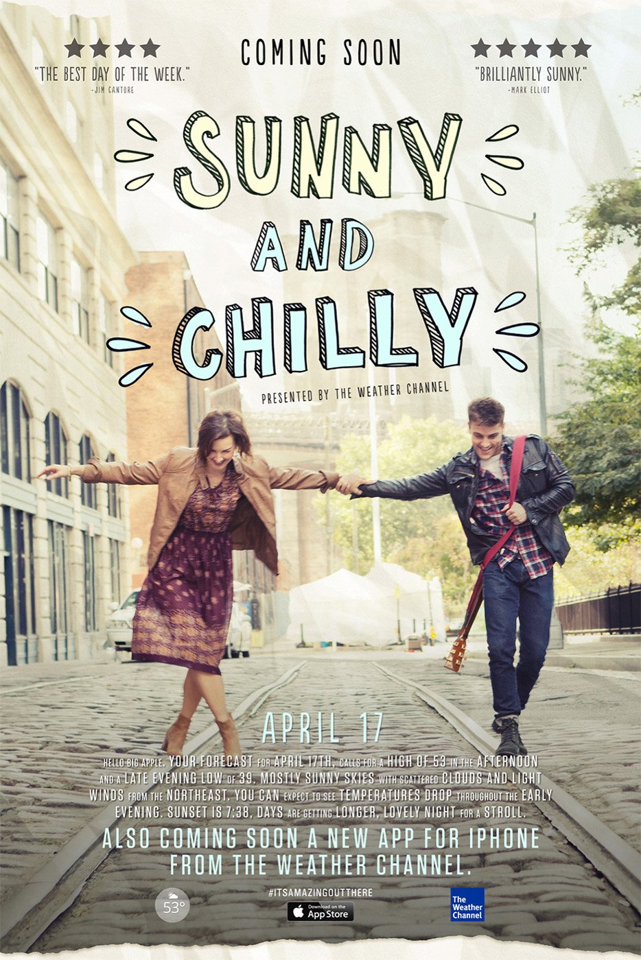 "Sunny and Chilly" movie poster concept featuring hand-lettering by Lauren Hom for The Weather Channel.