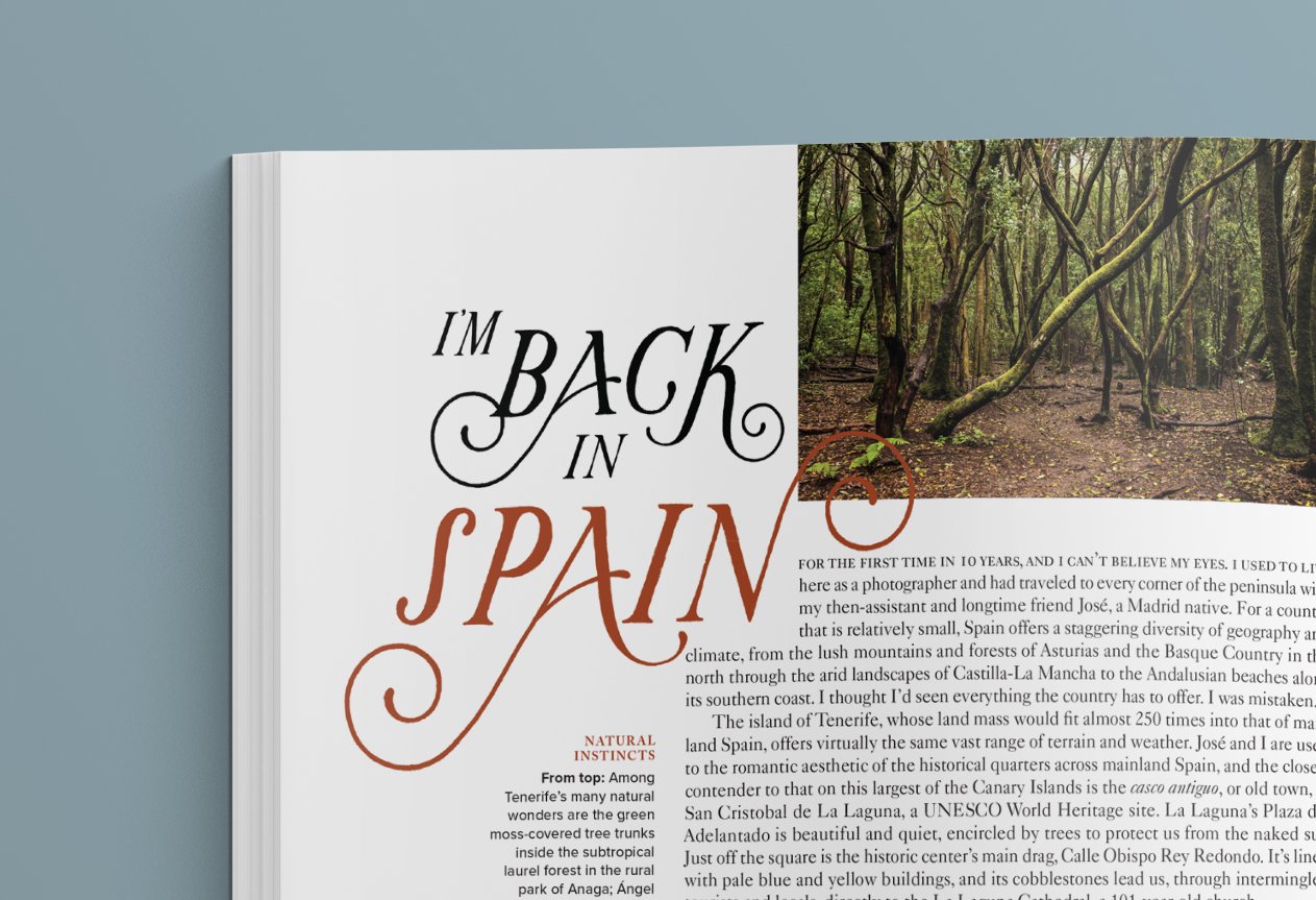 "I'm Back in Spain" hand lettered heading by Lauren Hom for Ritz Carlton Magazine.