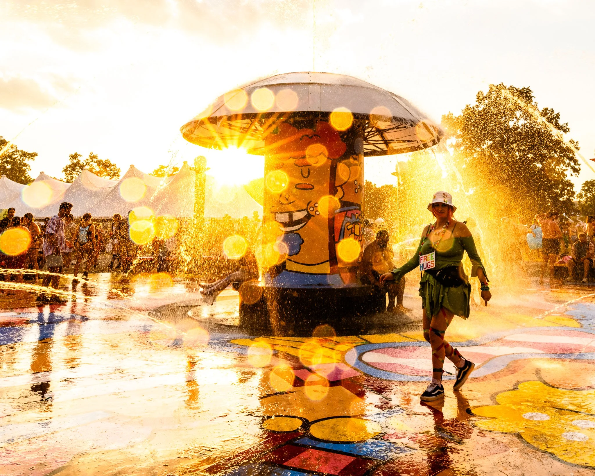 The Mushroom Fountain at Bonnaroo during golden hour – festival atmosphere captured in Tennessee