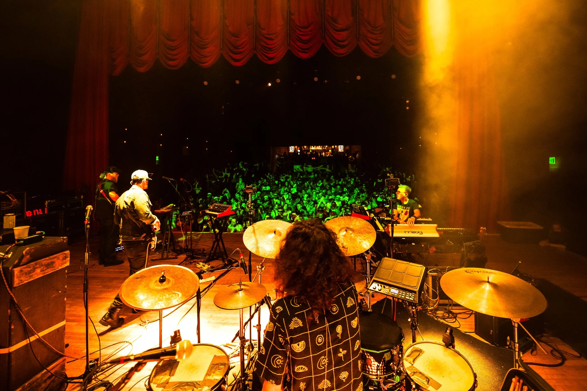 Wide-angle stage view from behind the drummer during Perpetual Groove’s show at Variety Playhouse in Atlanta