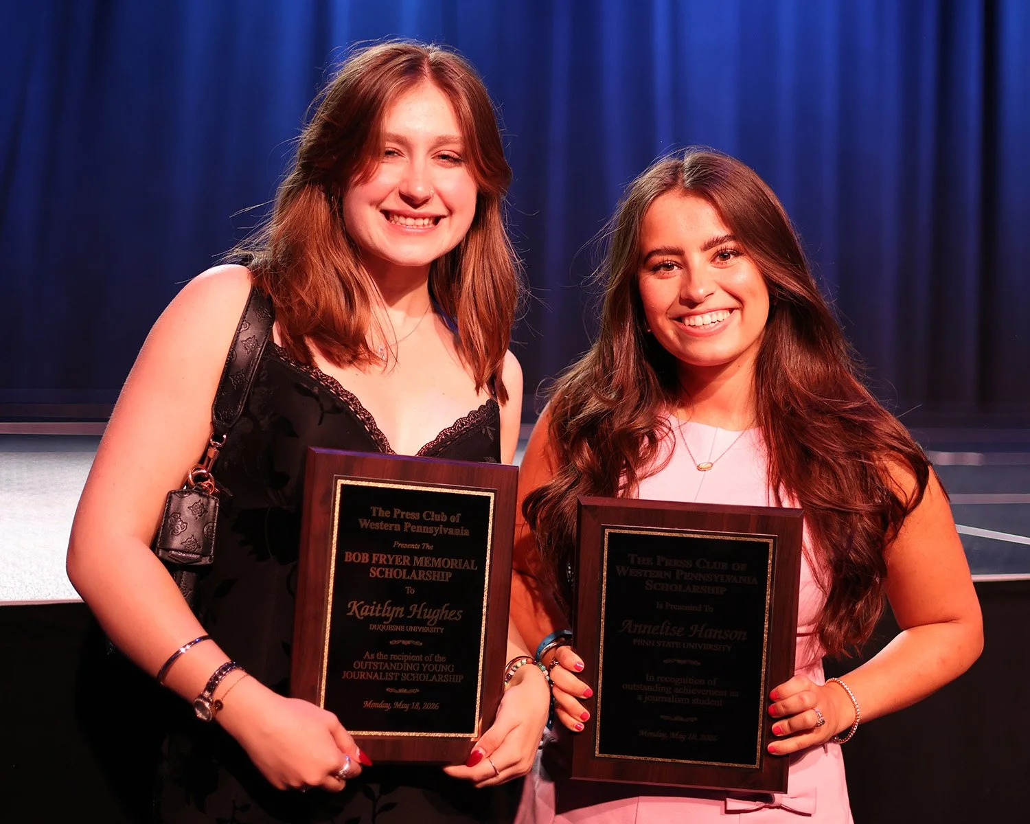 2026 Bob Fryer Memorial Scholarship winner Kaitlyn Hughes, left, and 2026 Press Club of Western Pennsylvania Scholarship winner Annelise Hanson. (Photo by Shayla Fulton)