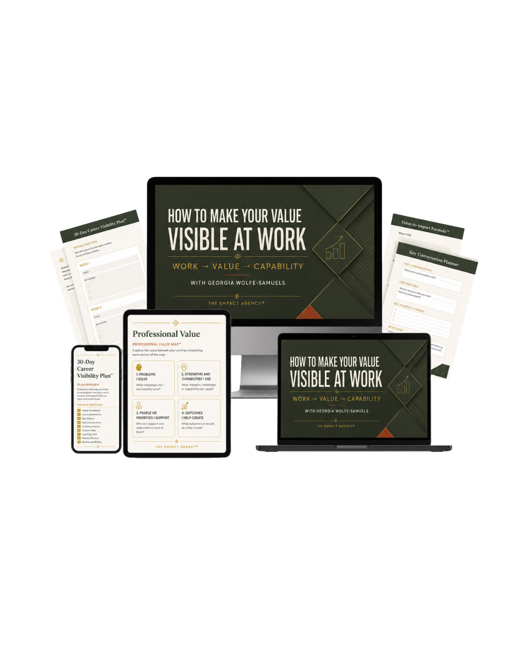 Digital devices and printed materials displaying a program titled 'How to Make Your Value Visible at Work,' including a laptop, tablet, phone, and various worksheets and planners related to career visibility and value.