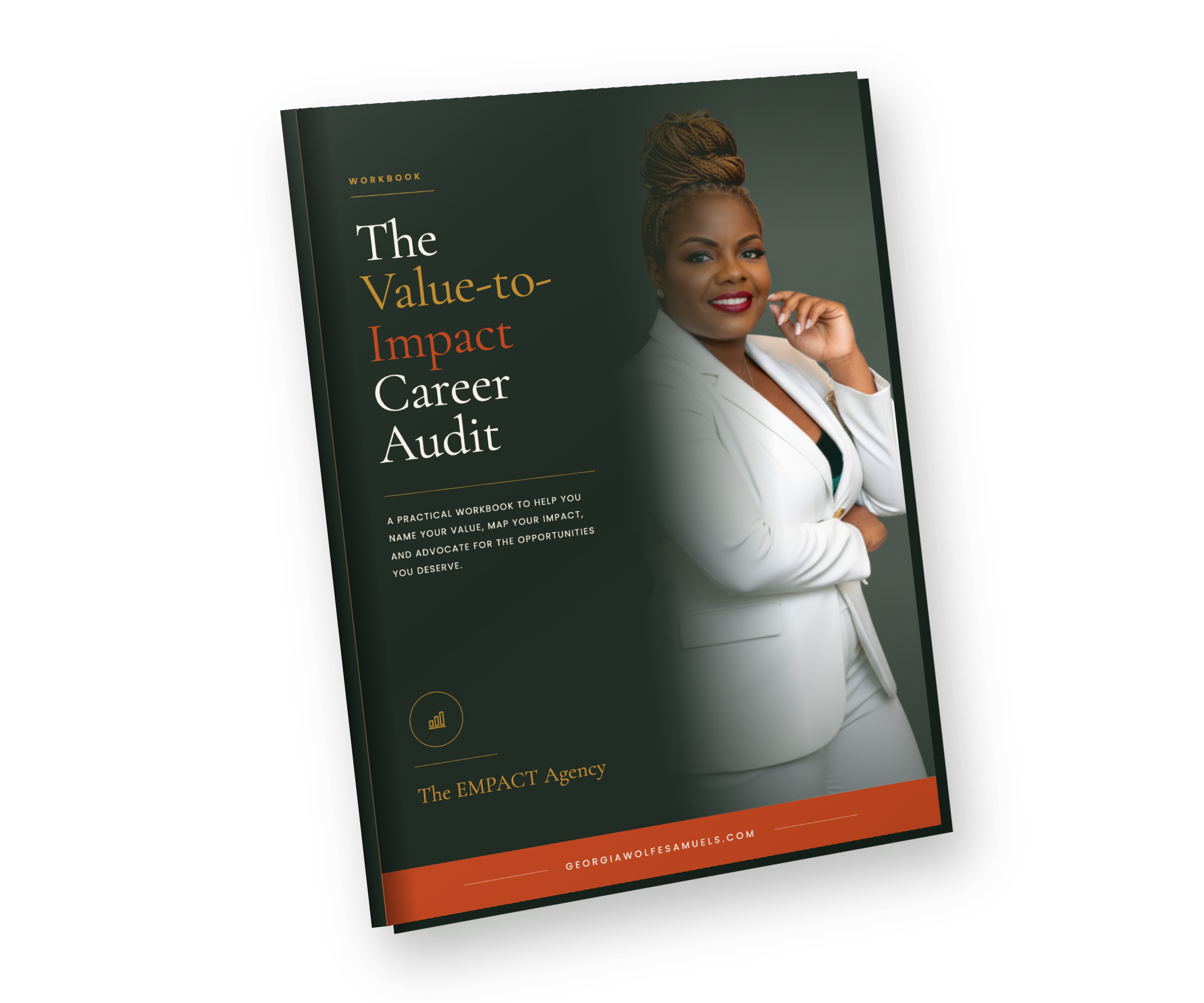 Book titled 'The Value-to-Impact Career Audit' with a photo of a woman with braided hair wearing a white blazer, on a dark gradient background, published by Georgiawolfesmowls.com.