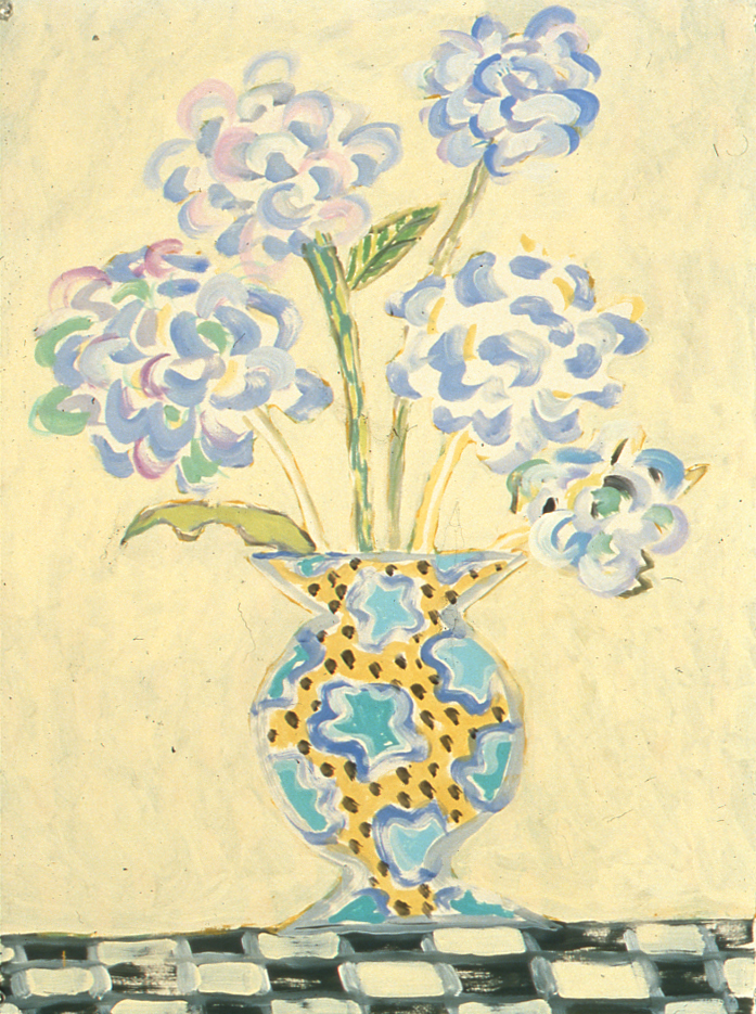 Hydrangea Checkered Tablecloth, Gouache, 22.5 X 30 in, 1990