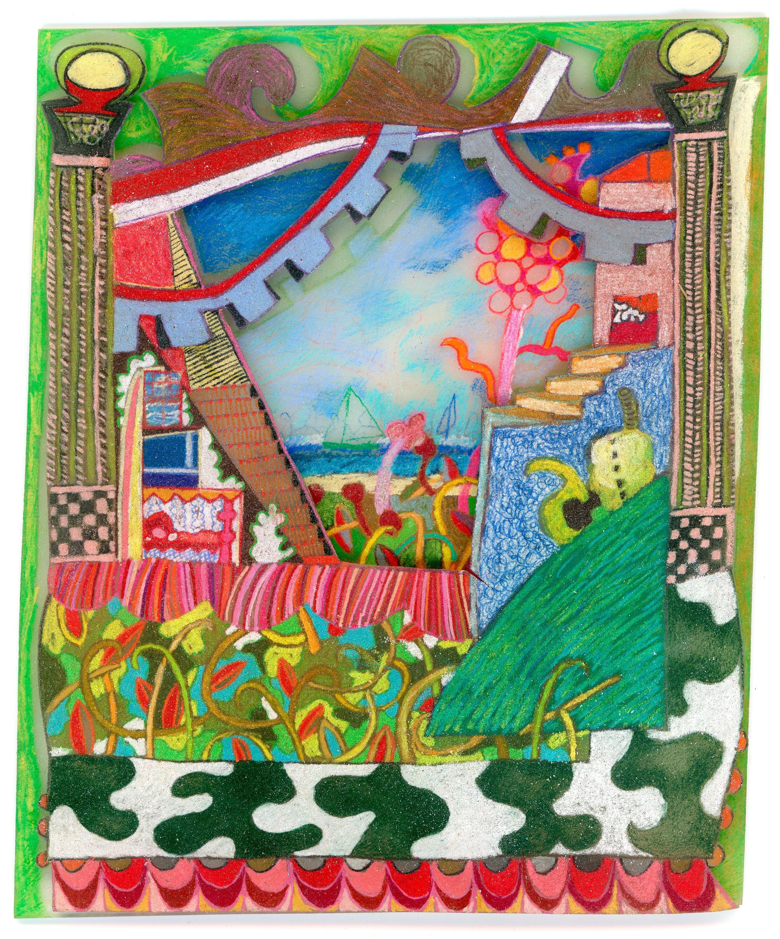 Play on Great South Bay, Colored Pencil on Plastic, 4.5 x 3.5 in, $800