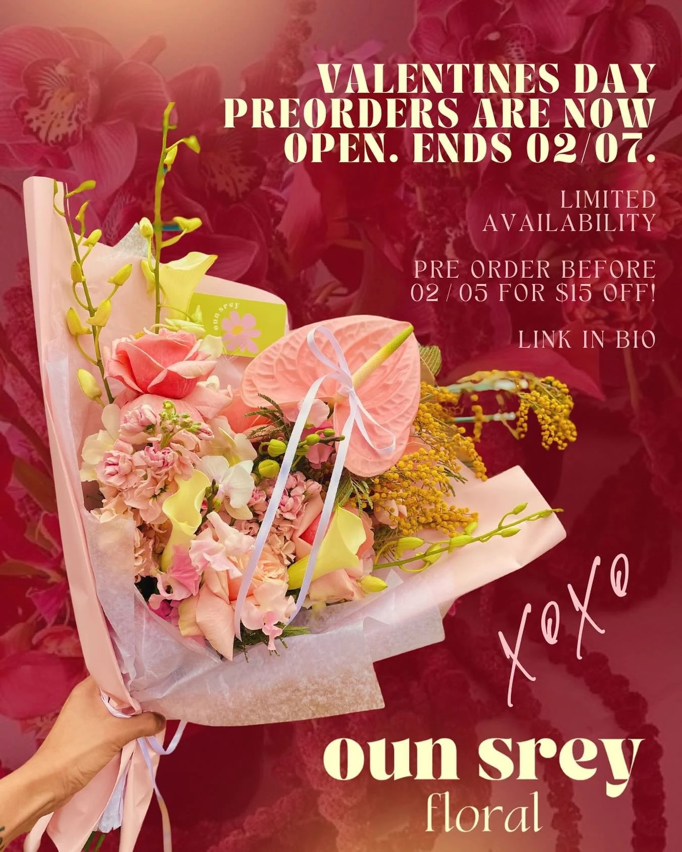 FEEL LIKE BEING IN LOVE ? ❤️🌹💋🎀

love day orders are open ˚ʚ♡ɞ˚. this year oun srey is offering flowers in a romantic, moody, and soft palette. deep reds, mauves, pinks, and creamy deliciousness.

orders are open until 02/07, and if you order  by 