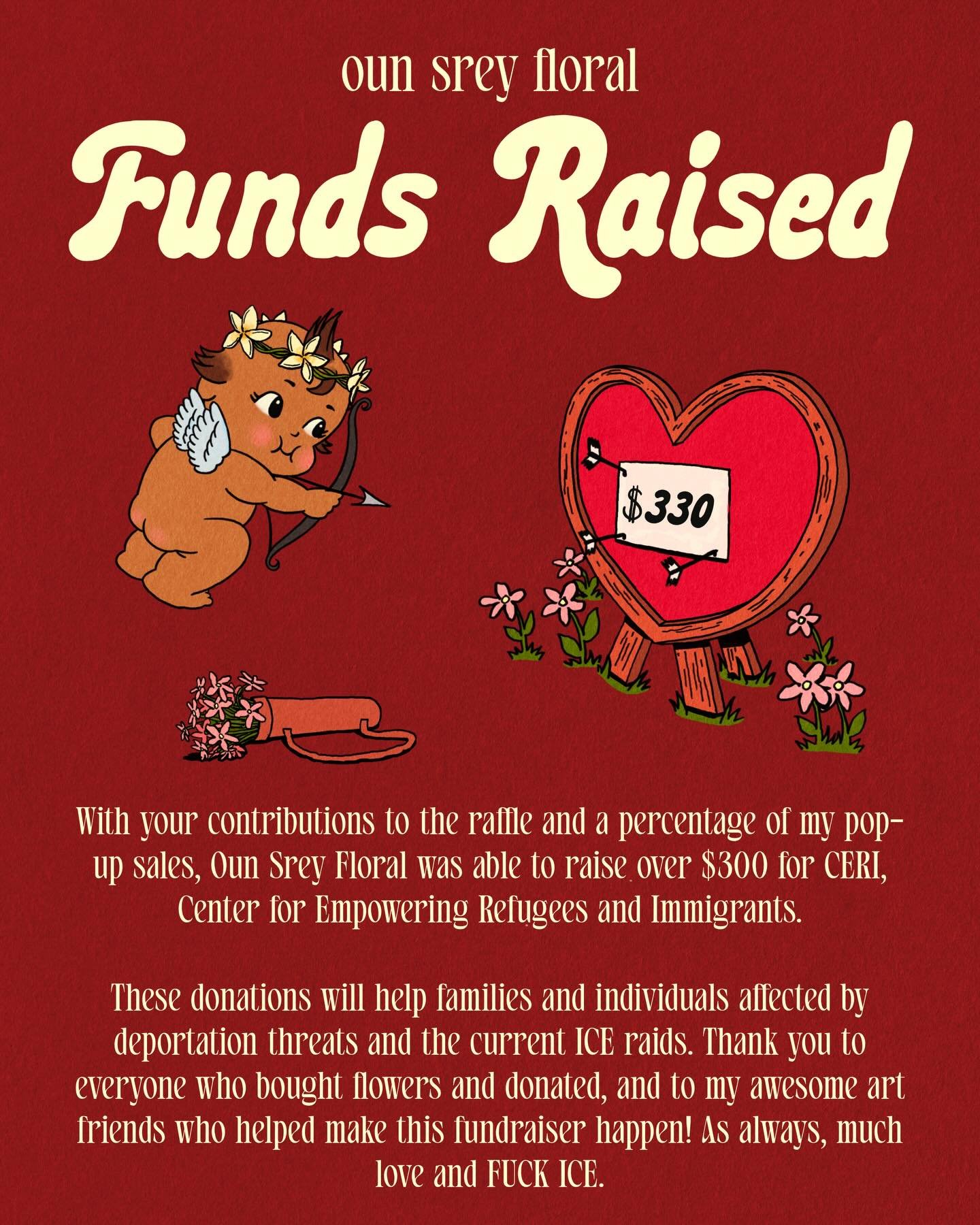 We raised over $300 for @cerieastbay ! Thank you from the bottom of my heart for donating, sharing, and buying flowers. I couldn&rsquo;t think of a better way to kick off getting back into Oun Srey this year. I am so grateful to know there are so man