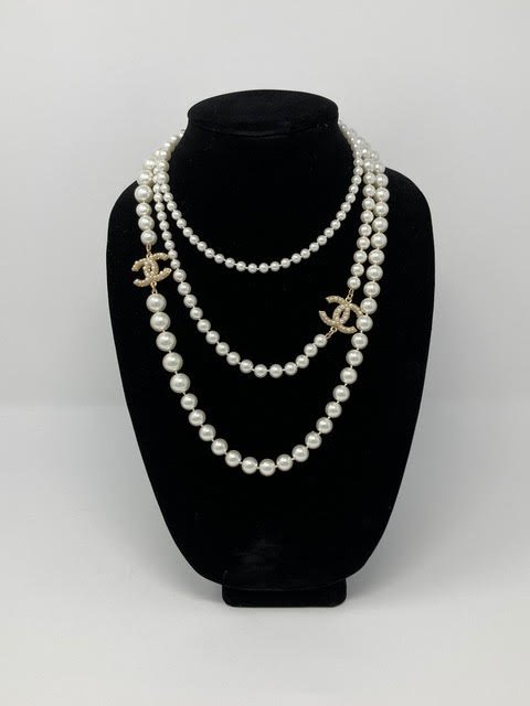 Chanel Inspired EXTRA Long Pearl Necklace with 3 CC's in Gold — The French  Girl Boutique