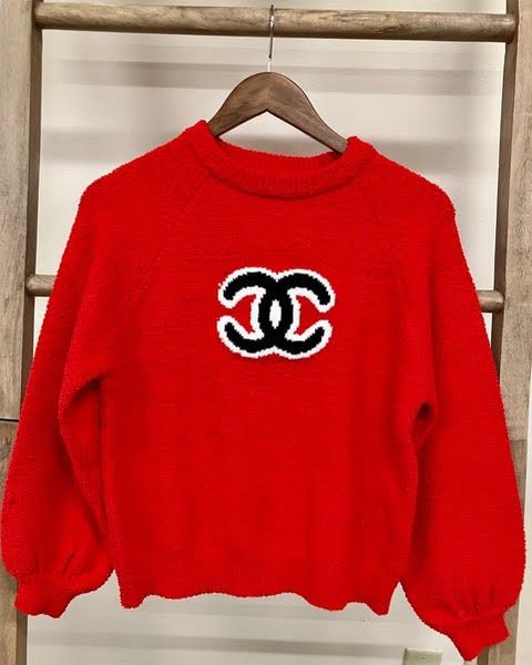 Chanel CC Inspired Teddy Bear Sweater - Red — The French Girl Boutique