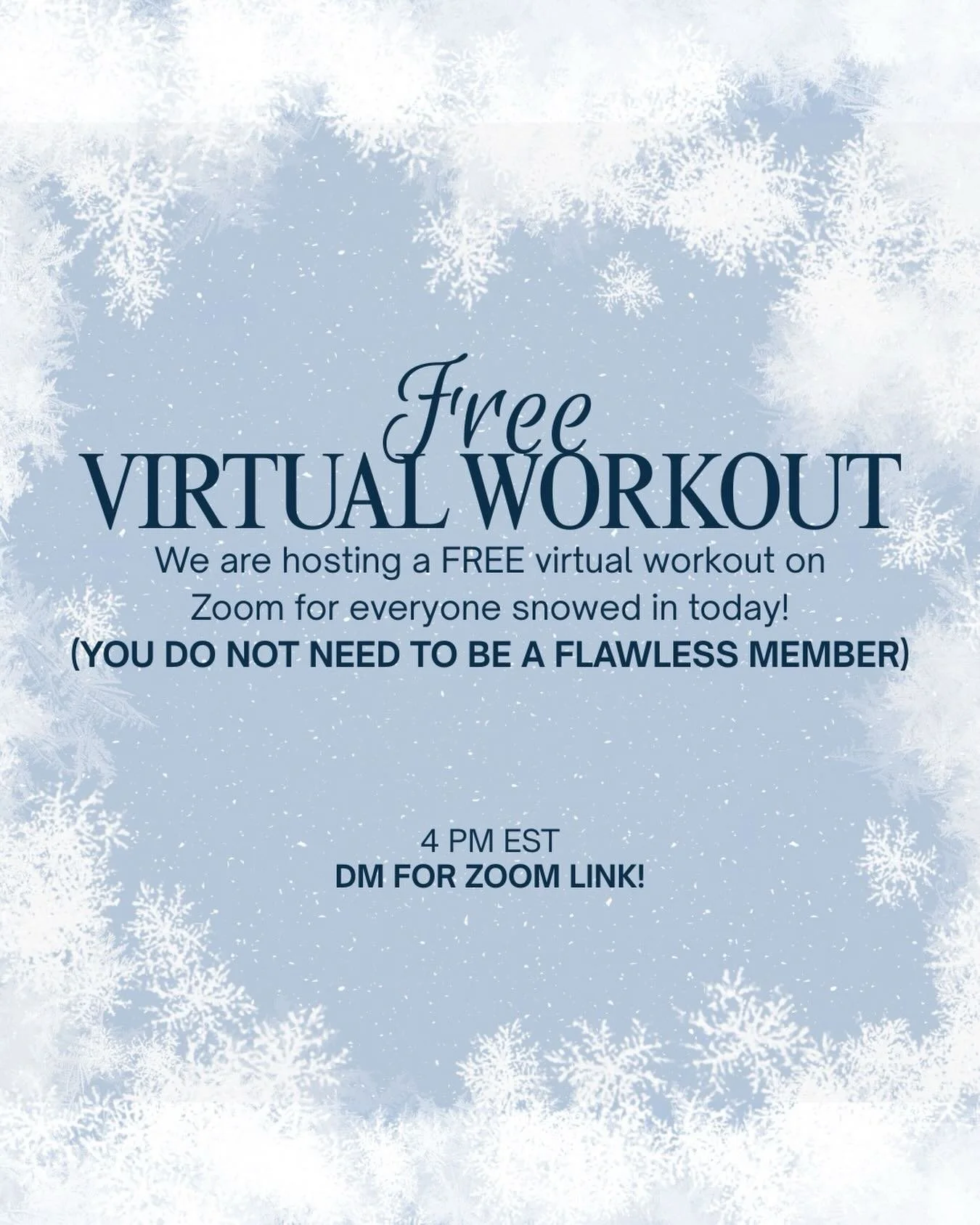 Snow may have shut the doors, but it doesn&rsquo;t stop the work. ❄️💪

We&rsquo;re going LIVE on Zoom at 4 PM EST for a FREE virtual workout open to members + non-members.
 Just show up and move with us.

Grab your space. 
Grab your water. 
Bring th